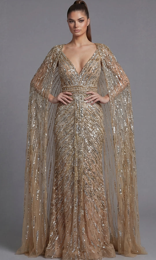 Jovani 36358 - Beaded Cape Sleeve Column Gown