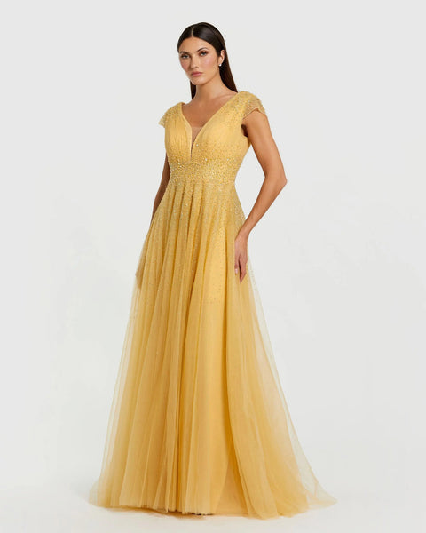 slim fit dress slacks Mac Duggal Women's Strapless Pleated Metallic Layered High Low Gown - Gold main image 1