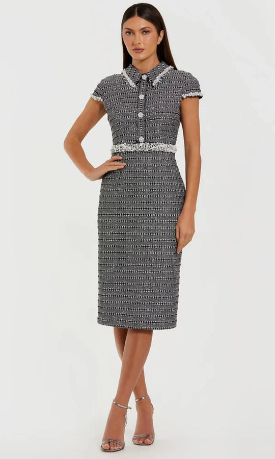 Ieena Duggal 37070 - Collared Neck Boucle Tea-Length Dress