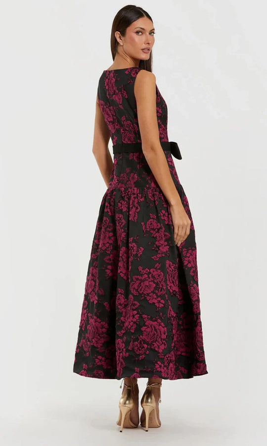 Ieena Duggal 37091 - Bateau Neck Drop Waist Brocade Dress