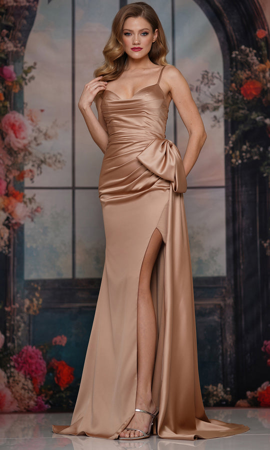 Colors Dress 3709 - Cowl Neckline Ruched Gown with Bow Detail