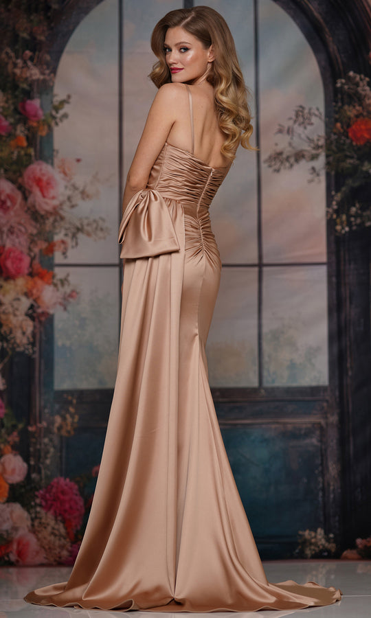 Colors Dress 3709 - Cowl Neckline Ruched Gown with Bow Detail