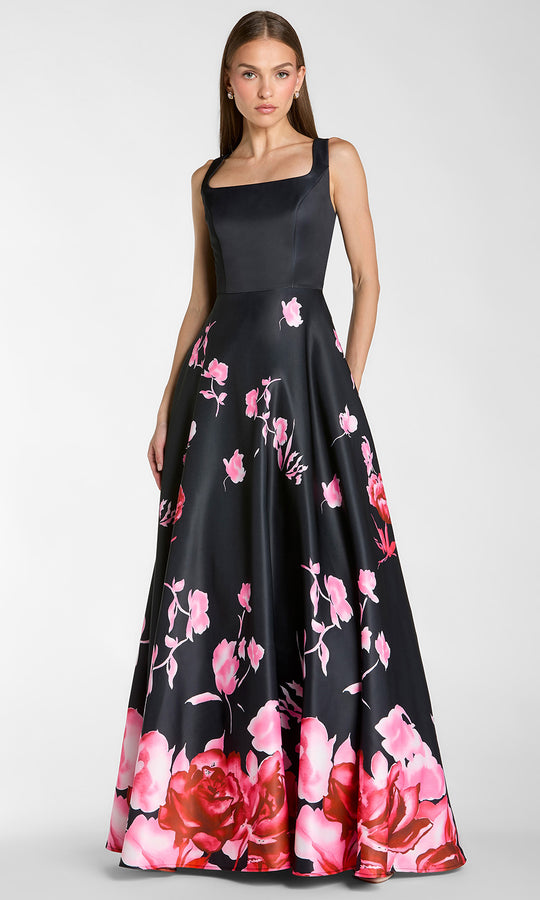 Mac Duggal 37149 - Square Neck Satin Prom Gown with Floral Print