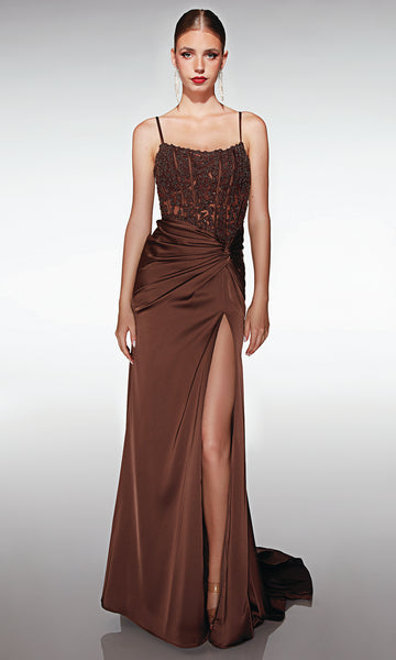 Aerie Couture 376 - Long Beaded Lace/Soft Satin Sheath Dress - Beaded applique bodice, Lace up back, High leg slit, Satin skirt, Ruched waistline 00 / Aerie Couture 376 - Long Beaded Lace/Soft Satin Sheath Dress - Beaded applique bodice, Lace up back, High leg slit, Satin skirt, Ruched waistline 00 /