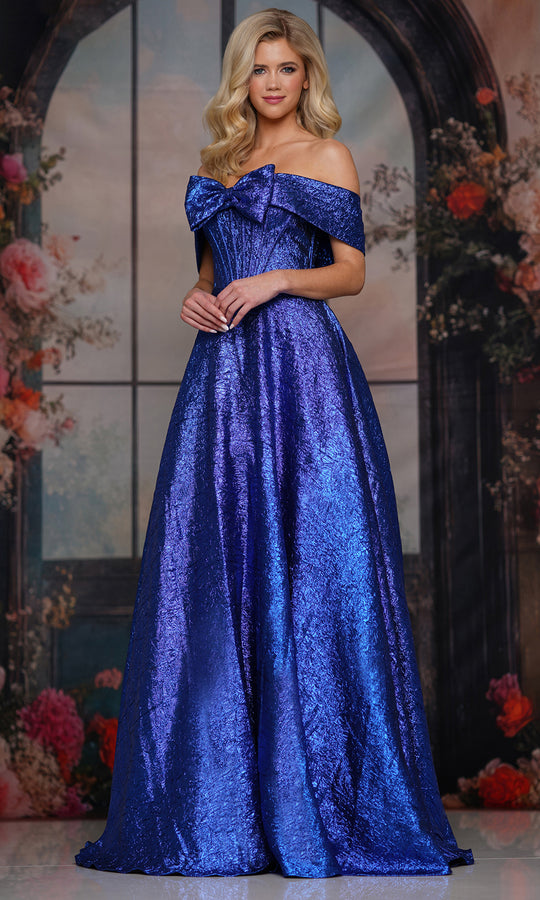Colors Dress 3792 - Metallic Off Shoulder Basque Gown