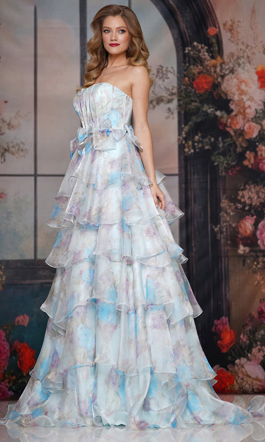 Colors Dress 3809 - Floral Print Tiered A-line Gown