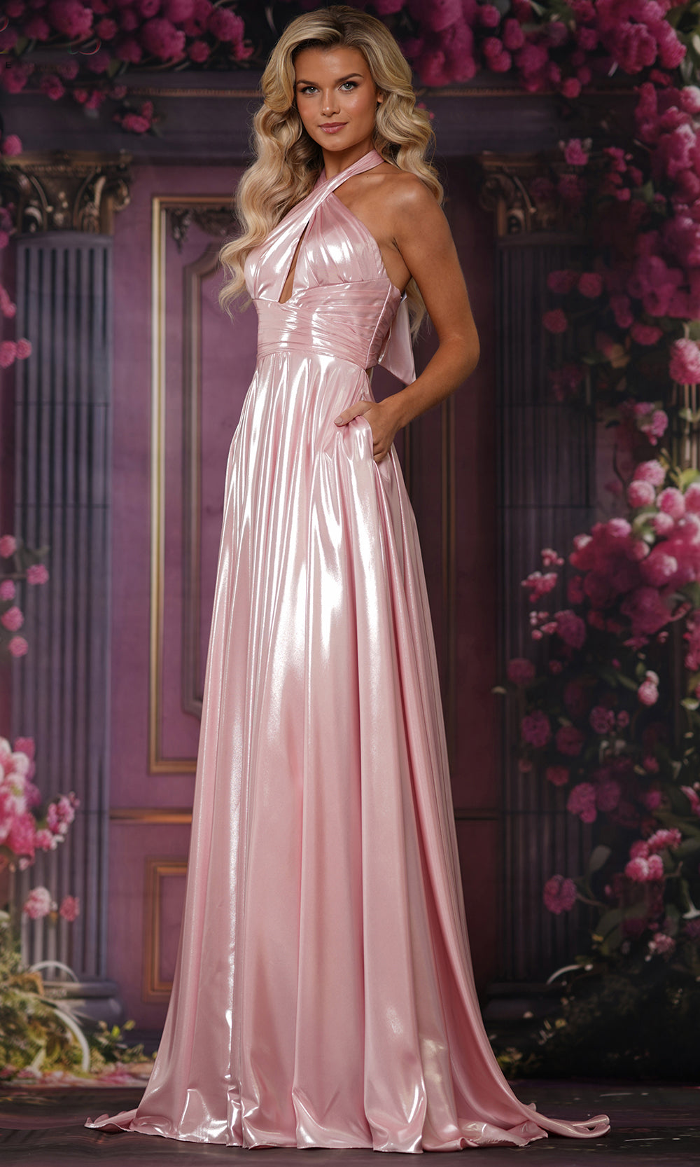 Colors Dress 3815 - Long Liquid Metallic A-line Dress - Cutout Bodice ...