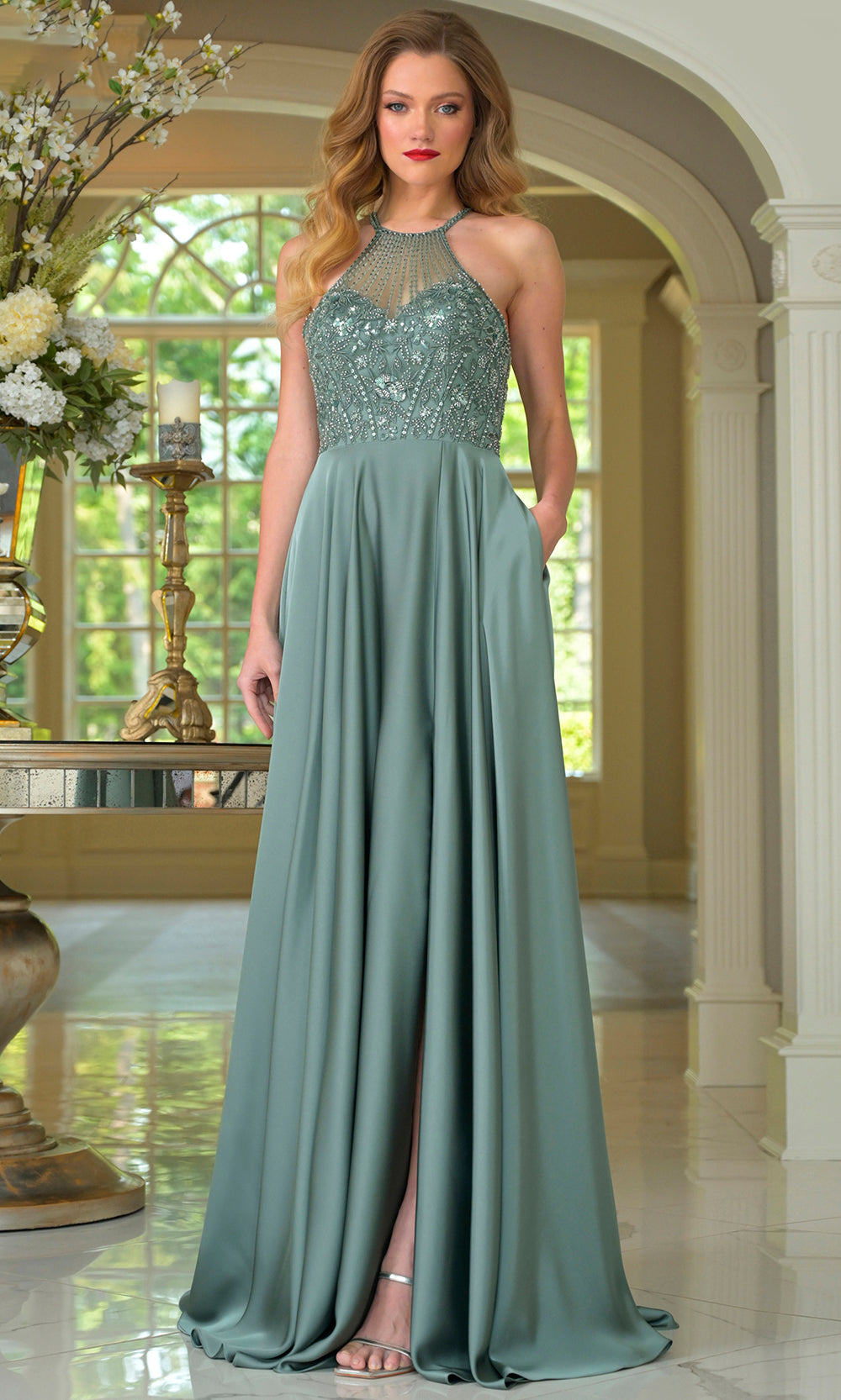 Colors Dress 3822 - Long A-line Dress - Beaded Top, Illusion Bodice, High Slit, Pocket, Cutout Back, Sweep Train, Sleeveless 10 / Deep Sage - Shop Colors Dress 3822 - Long A-line Dress - Beaded Top, Illusion Bodice, High Slit, Pocket, Cutout Back, Sweep Train, Sleeveless 10 / Deep Sage - Shop