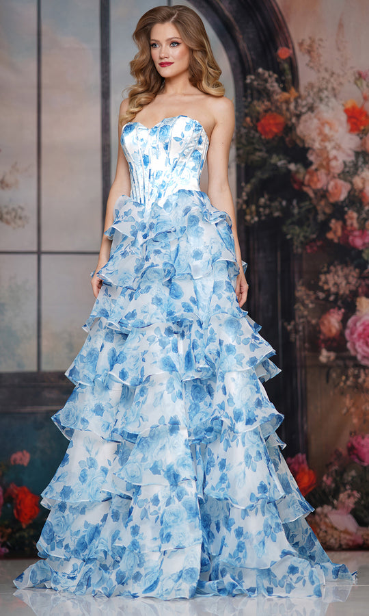 Colors Dress 3836 - Strapless Tiered Floral Gown