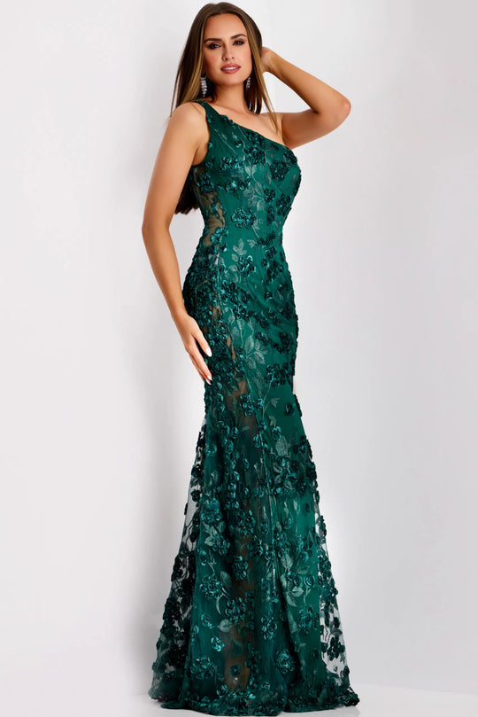 Jovani 38684 - One Shoulder Gown with 3D Appliques