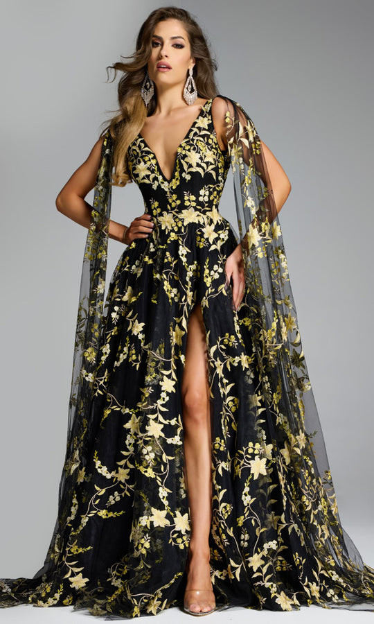 Jovani 39035 - Embroidered Floral Gown with Cape Sleeves