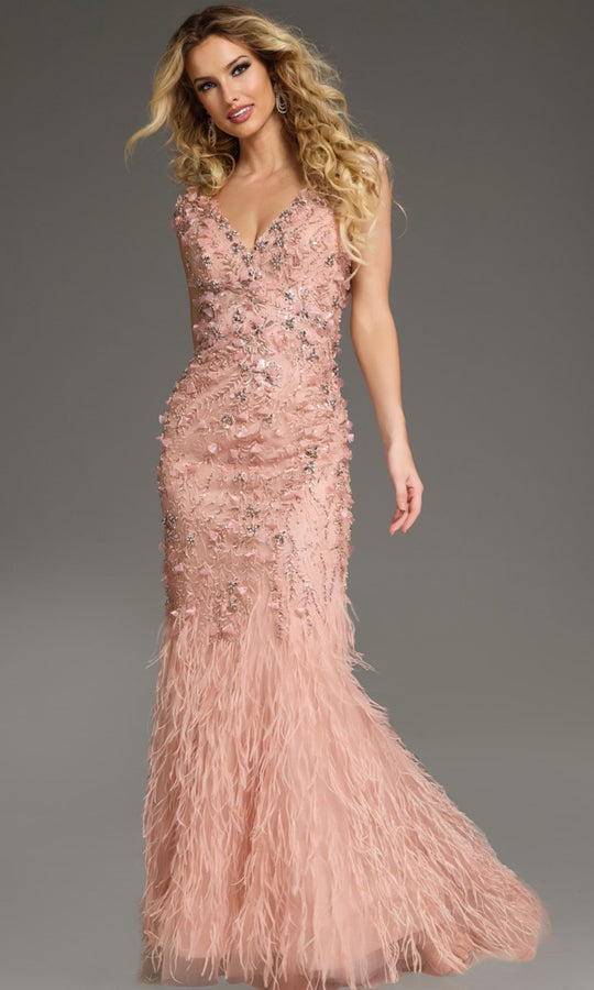 Jovani 39174 - Plunging Neck Feather Mermaid Gown