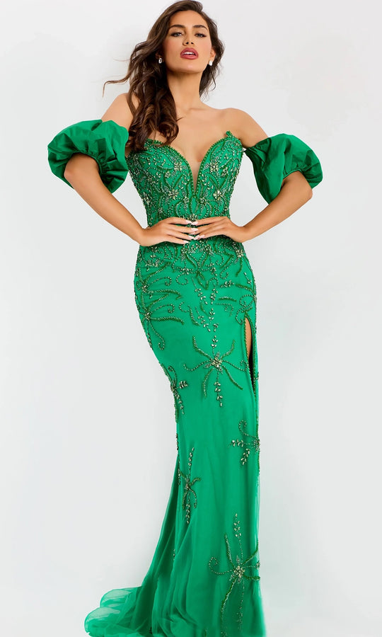 Jovani 39615 - Beaded Column Gown with Puff Sleeves