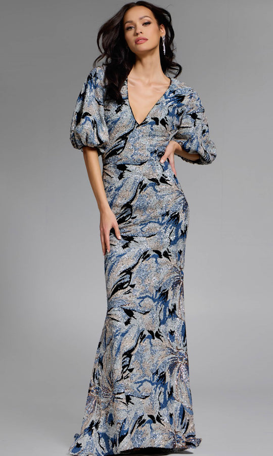 Jovani 39692 - Puff Sleeve Floral Embellished Gown