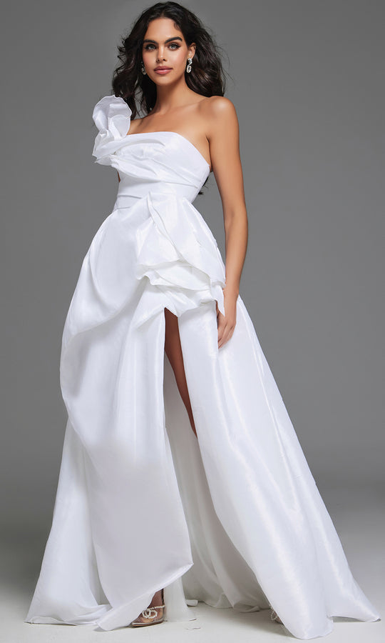 Jovani 39796 - Ruffled Accent Asymmetric Neck Bridal Gown