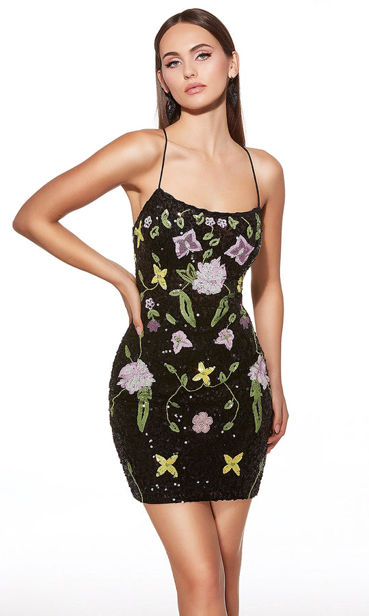 Alyce Paris 40061 - Beaded Floral Lace Up Mini Dress