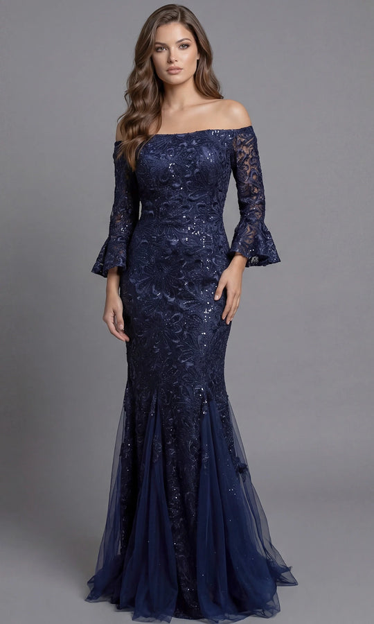 Jovani 40155 - Allover Lace Three-Quarter Bell Sleeve Gown