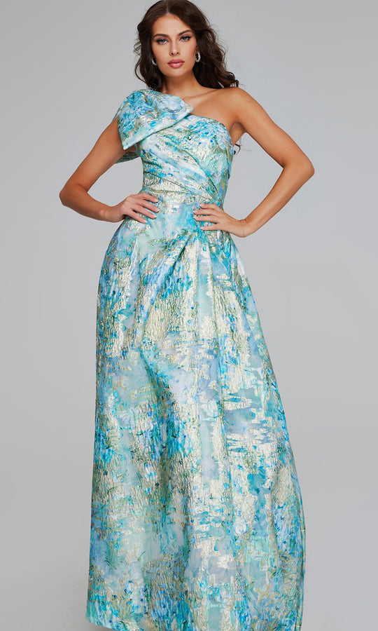 Jovani 40317 - Bow Appliqued One Shoulder Metallic Gown