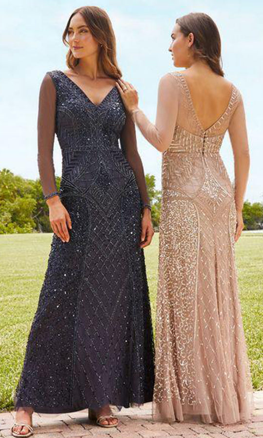 Adrianna Papell Platinum - 40352 Beaded Long Sleeve Mesh Gown