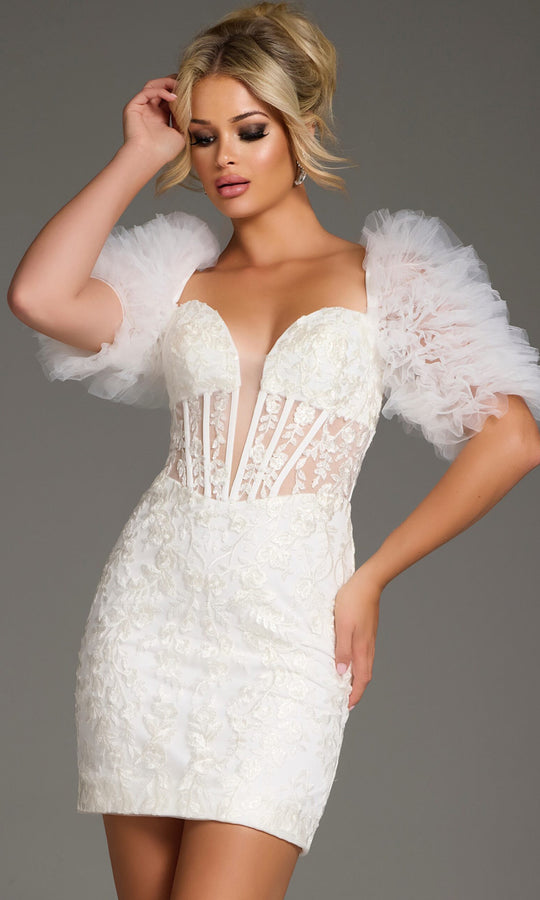 Jovani 40426 - Tulle Puff Sleeve Floral Mini Dress