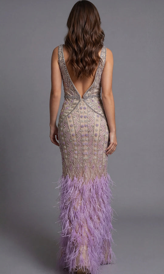 Jovani 40620 - Beaded V-Neck Feather Hem Gown
