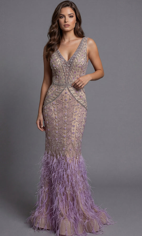 Jovani 40620 - Beaded V-Neck Feather Hem Gown