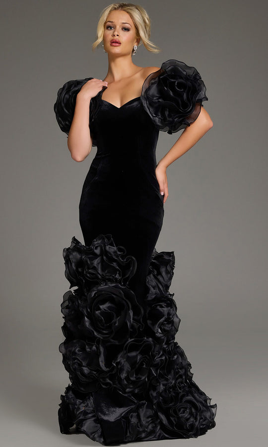 Jovani 40843 - Velvet Trumpet Gown with Floral Accents
