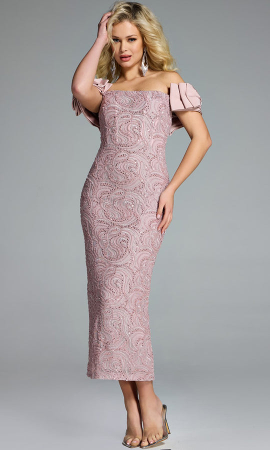 Jovani 41044 - Bow Sleeve Off Shoulder Midi Dress