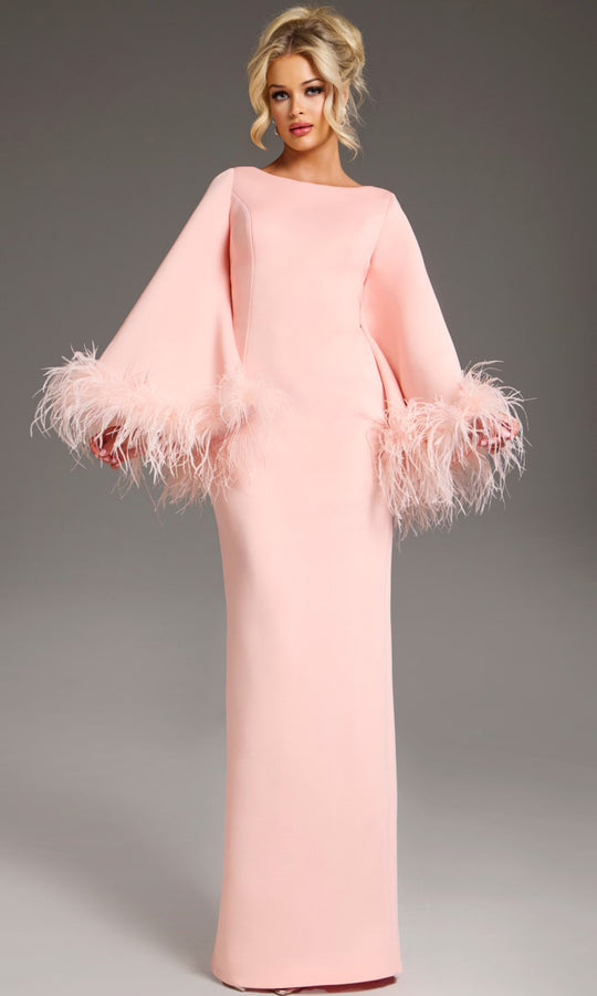 Jovani 41077 - Bell Sleeve Column Gown with Feather Trim