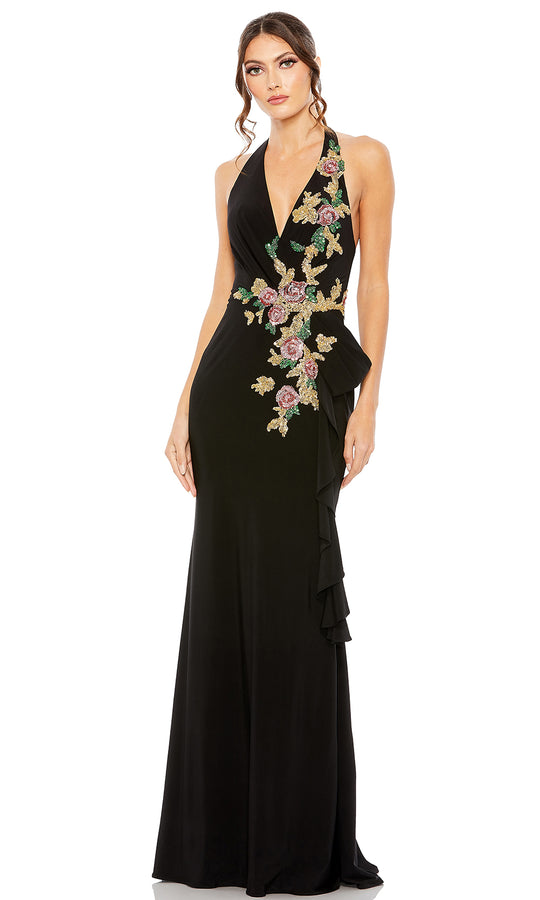 Mac Duggal 42056 - Floral Beaded Halter Prom Gown with Side Ruffle