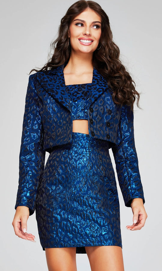 Jovani 42134 - Leopard Brocade Cropped Jacket Mini Dress