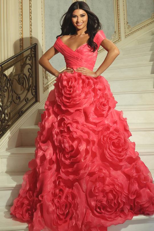 Jovani 42187 - Floral Ruffle Skirt Off Shoulder Organza Gown