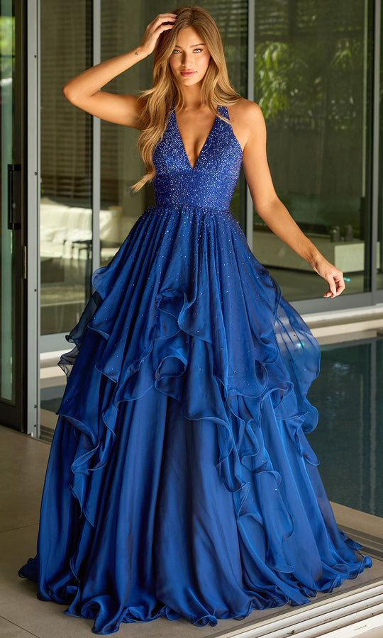 Ava Presley 42238 - Beaded Halter V-Neck Ballgown