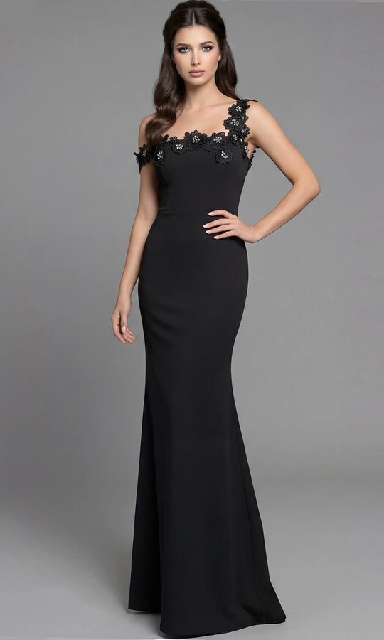 Jovani 42285 - Floral Applique Asymmetric Fitted Gown