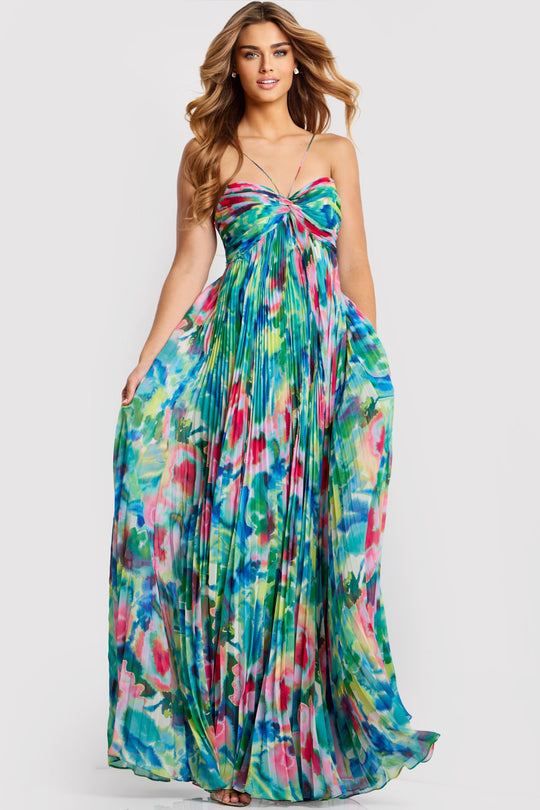 Jovani 42558 - Floral Pleated A-Line Long Dress