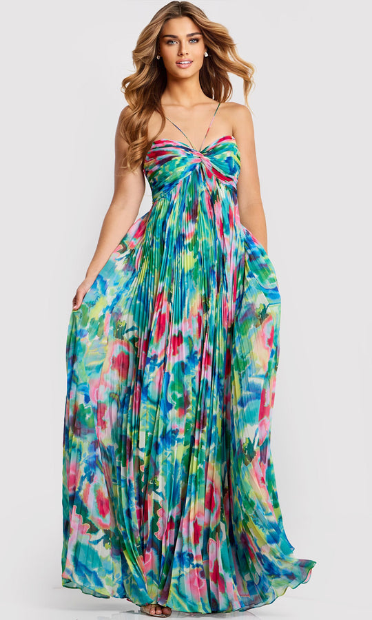 Jovani 42558 - Floral Pleated A-Line Long Dress