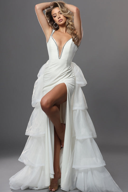 Jovani 42661 - Tiered Overskirt Plunging V-Neck Evening Gown