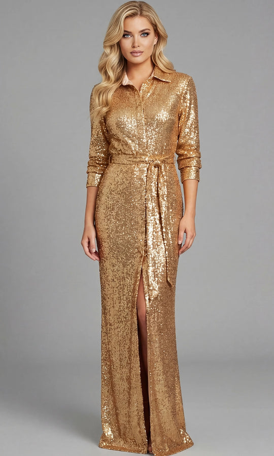 Jovani 42706 - Collared Long Sleeve Sequin Gown with Tie Waist