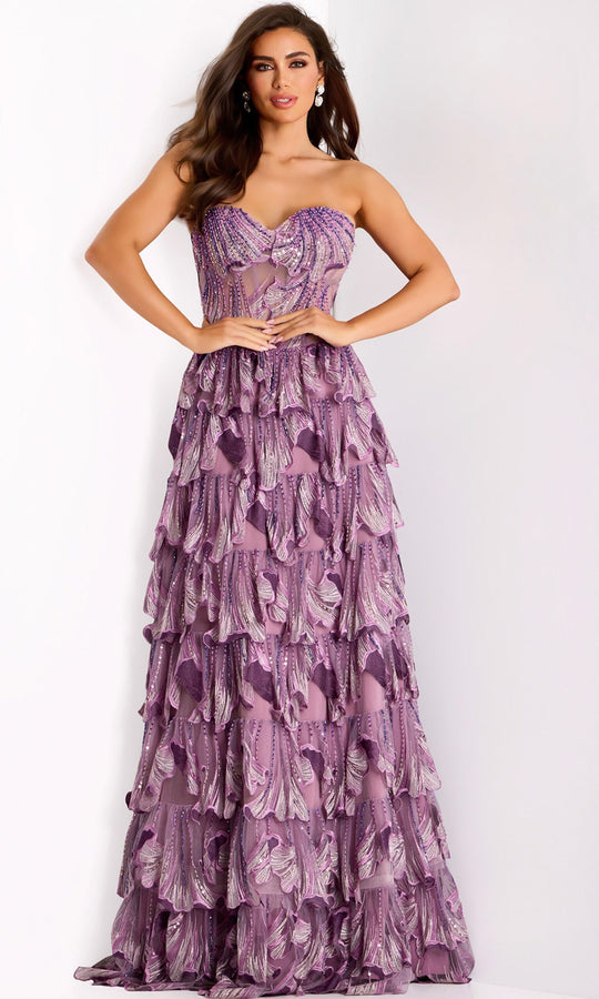 Jovani 42793 - Embroidered Strapless Tiered Ruffle Gown
