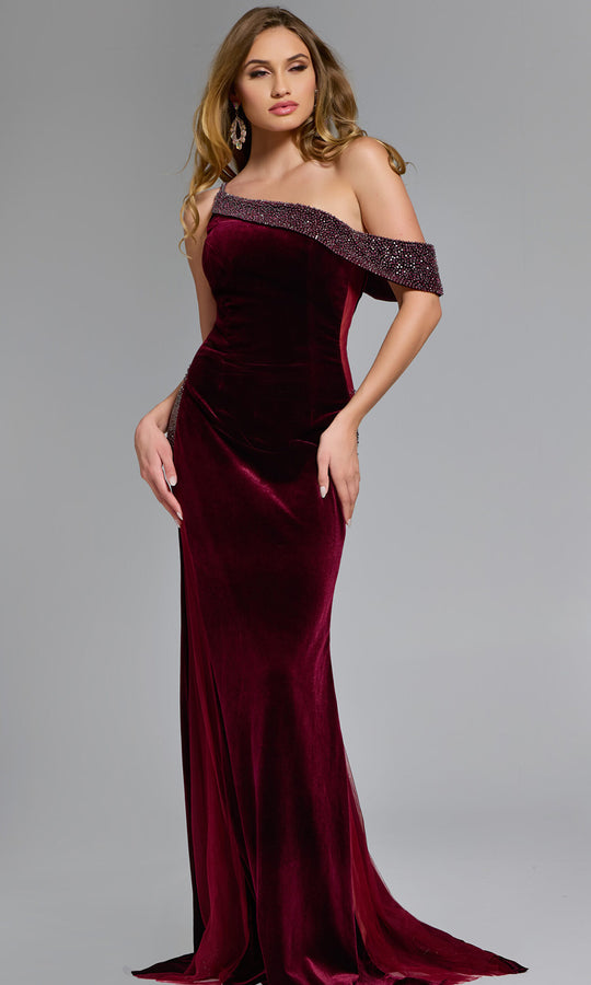 Jovani 42975 - Beaded Accent Velvet Asymmetric Gown