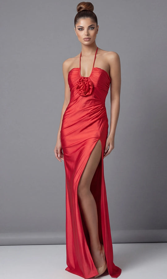Jovani 43041 - Rosette Detail Sleeveless Halter Prom Gown