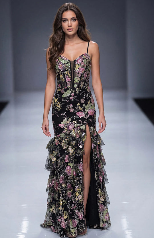 Jovani 43172 - Ruffled Detail Floral Printed Prom Gown