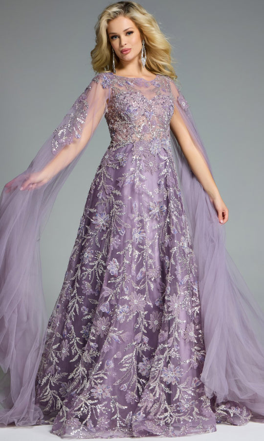 Jovani 43312 - Floral Embroidered Sheer Cape Sleeve Gown