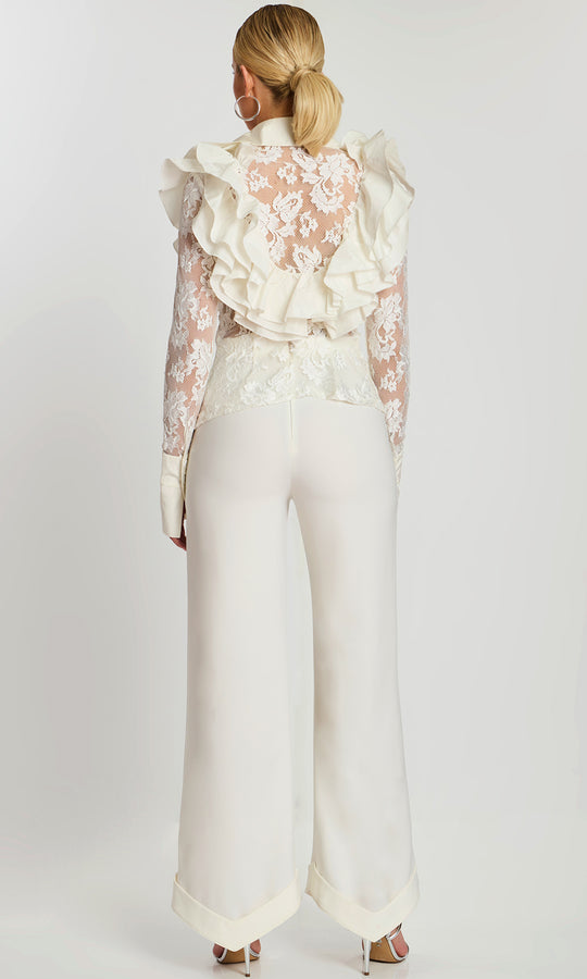 Jovani 43365 - Ruffled Lace V-Neckline Satin Pantsuit