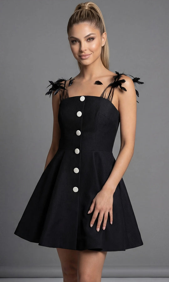Jovani 43615 - Feather Strap Fit and Flare Taffeta Dress