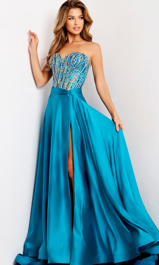 Jovani 43729 - Strapless Beaded Bodice Satin Gown