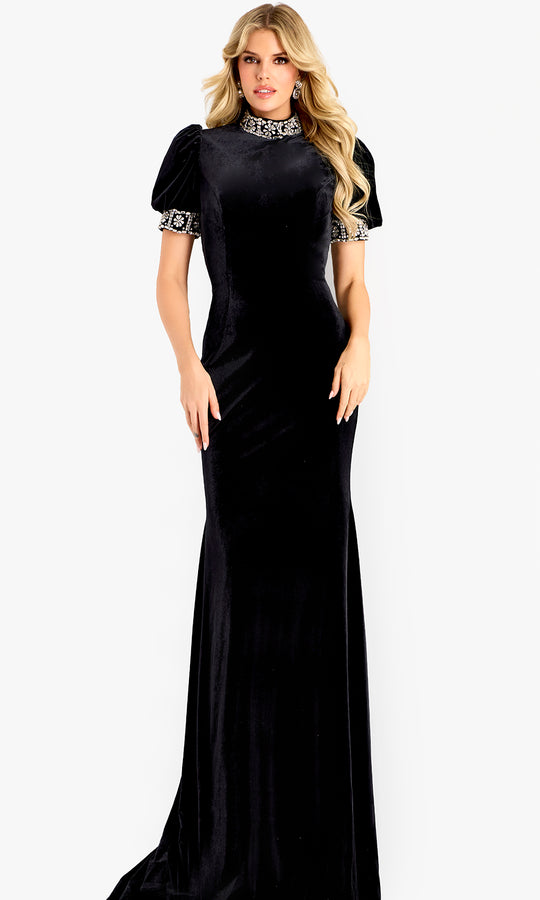Jovani 43771 - Rhinestone Trim Puff Sleeve Evening Gown