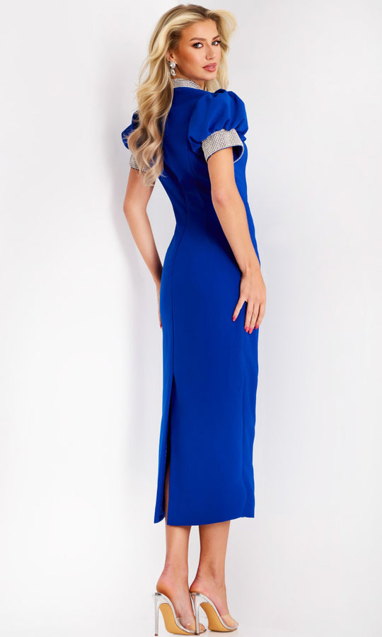 Jovani 43773 - Rhinestone Trim Puff Sleeve Midi Dress