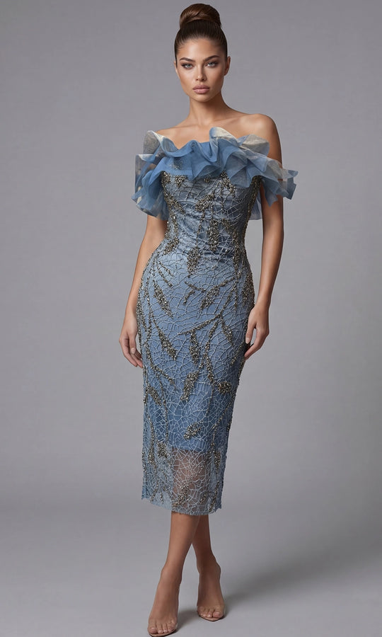 Jovani 44016 - Off Shoulder Beaded Ornate Midi Dress