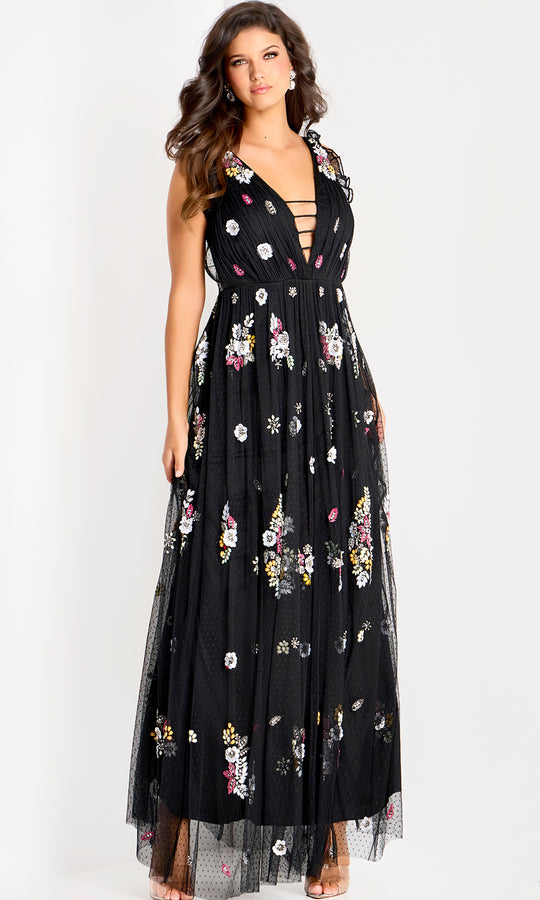 Jovani 44057 - Embroidered Floral Plunging Neck Gown